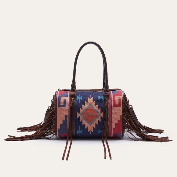 Unbranded Handbags - Ethnic Aztec Print Purple Fringed Boston Satchel Handbag for Women Tourist